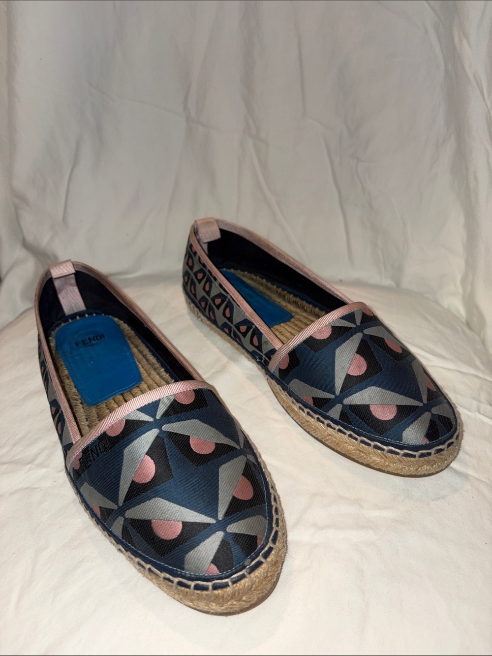 Fendi Monster Navy, Pink & Gray Geometric Espadrille Flats Size 39